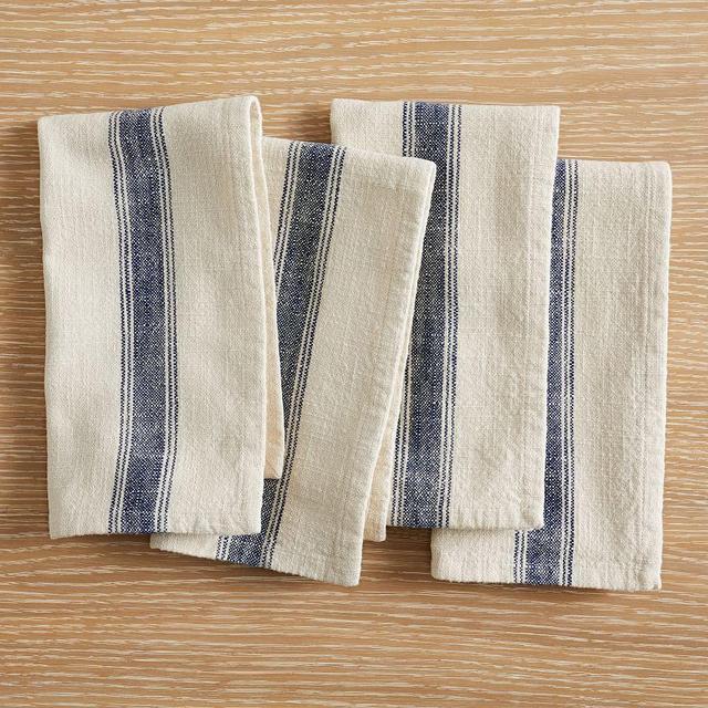 French Striped Organic Cotton Napkins, Set of 4 - Blue/Flax