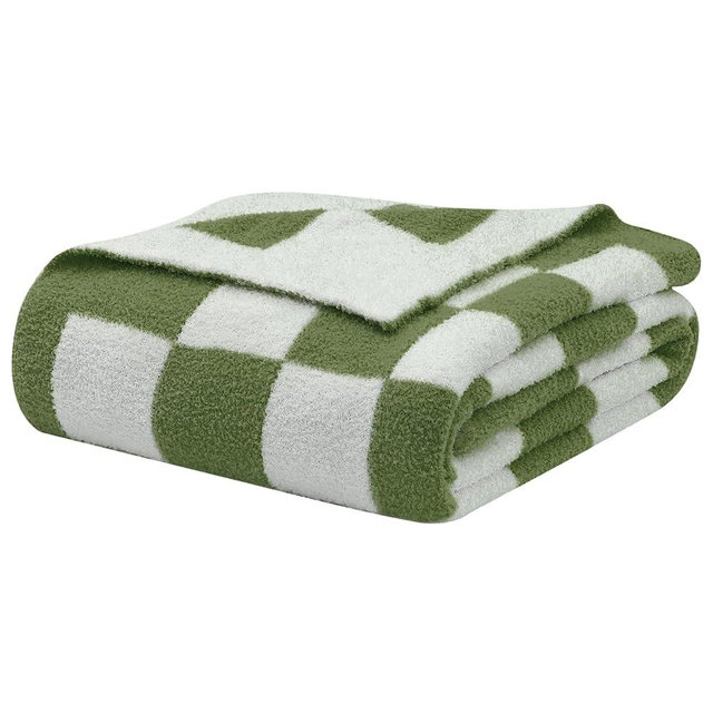 bearberry Fuzzy Checkerboard Grid Throw Blanket Knitted Soft Cozy Warm Microfiber Bed Blanket Decor for Couch Sofa Bed Travel Home (Avocado Green, 60''x80'')