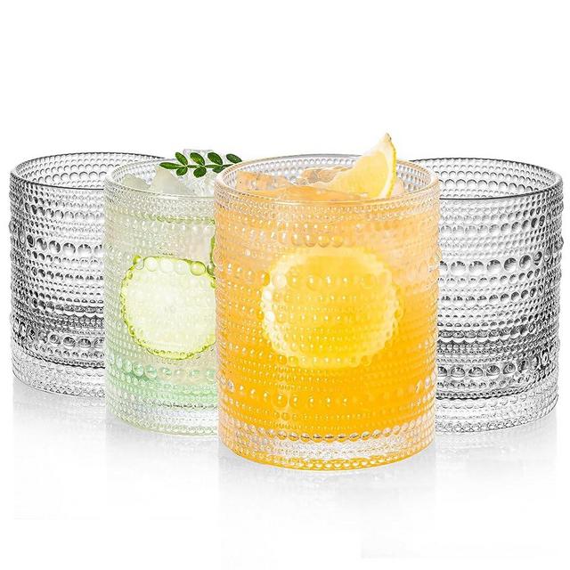 Vintage Glassware Drinking Glasses Set of 4, Hobnail Drinking Glasses, bar glasses, Embossed Design Glassware for Beverages, Beer, Cocktail, Whiskey, Juice and Various Mixed Drinks (Large-12 oz)