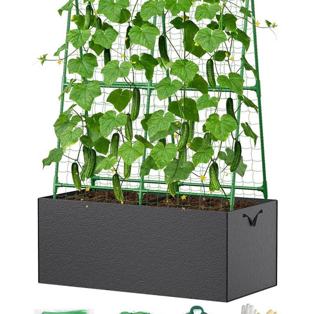 Cucumber Trellis with for Climbing Plants, A-Shape Garden Trellis with Grow Bags, Metal Plant Trellis with Garden Netting for Vegetables Flowers Fruits