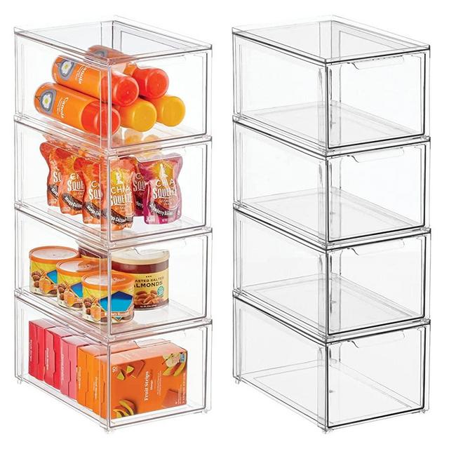 mDesign Plastic Stackable Kitchen Storage Box with Pull-Out Drawer - Container for Kitchen, Pantry, Cabinet, Fridge/Freezer - Organizing Snacks, Produce, Vegetables, Pasta Food - 8 Pack - Clear