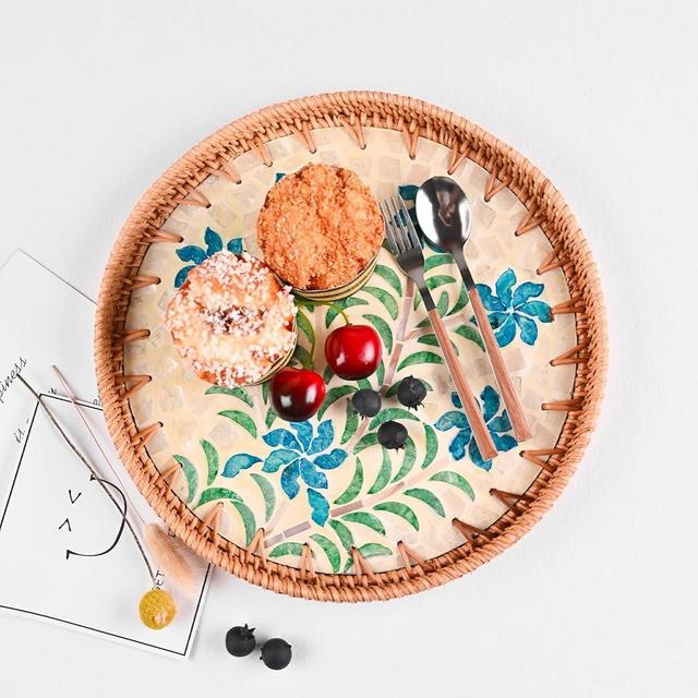BlueFlower Rattan Coffee Table Tray Woven Serving Trays for Home and Kitchen Decorative Round Rattan Tray with Mother of Pearl Inlay for Decor