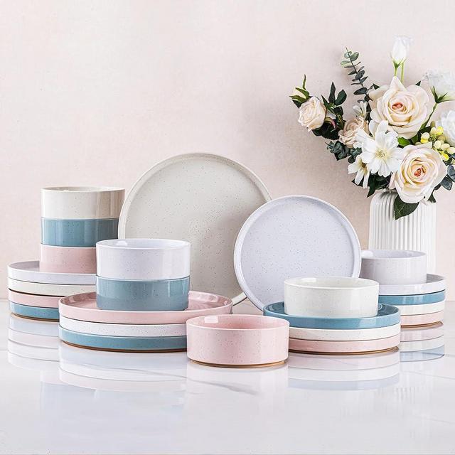 AmorArc Ceramic Dinnerware Set for 8 | Handpainted Stoneware Plates and Bowls with Rustic Terracotta Underside| Scratch Resistant,Dishwasher & Microwave Safe Dishes Sets- 24pcs Colorful