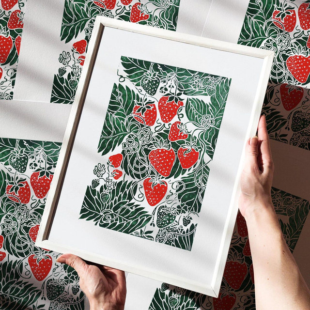 Linocut Print Strawberry Green Red Original Artwork Spring Summer Living Room Decor One Of A Kind Botanical Linogravure Gift For New Home