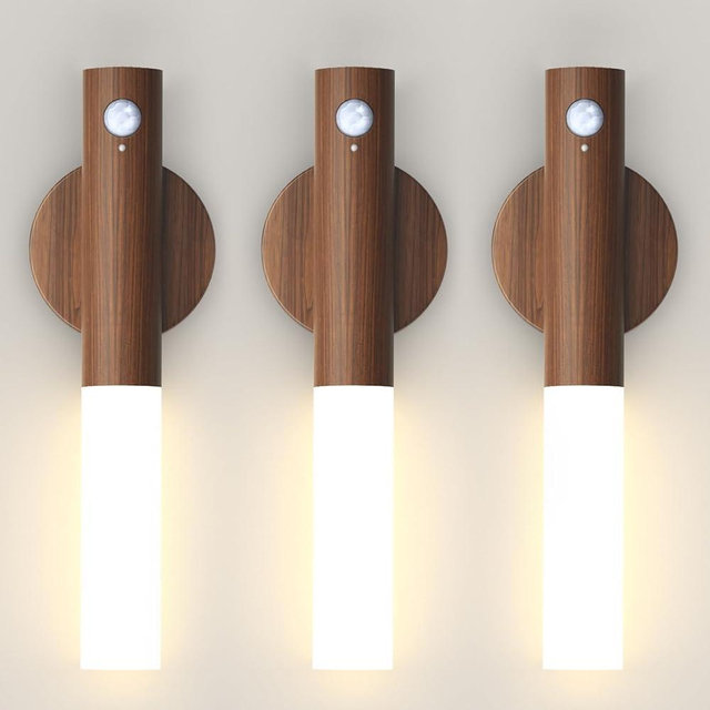 Battery-Operated Motion Sensor Night Lights: 2200mAh Rechargeable Wall Sconces Magnetic Wall Lights Wireless Stairway Lights Portable Hallway Light Wooden Wall Lighting for Bedroom Stair Picture
