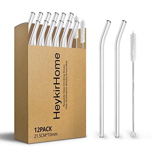 HeykirHome 12-Pack Reusable Glass Straws,Size 8''x10 MM,Including12 Bent with 2 Cleaning Brush- Perfect For Smoothies, Tea, Juice