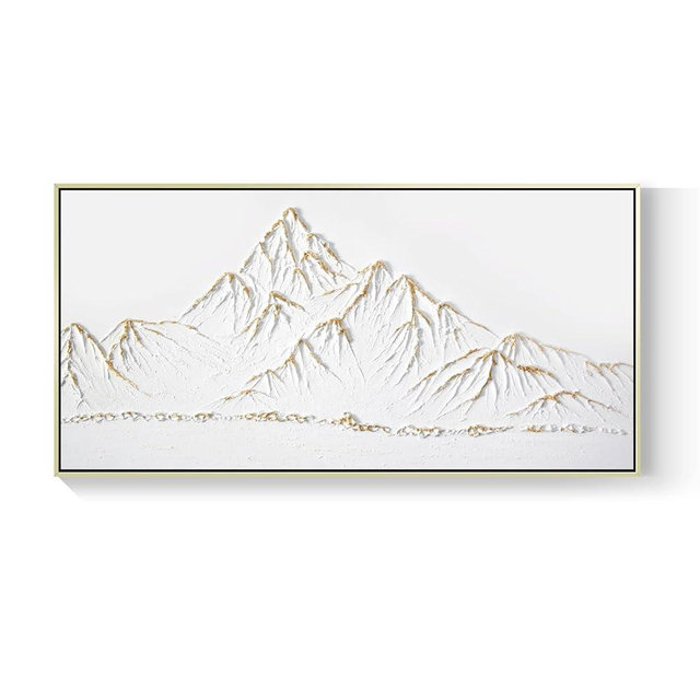 White and Gold Framed Paintings Textured Wall Art - 3D Mountain 100% Hand Painted Canvas Home Decor 48x24 Large Horizontal Contemporary Artwork Decoration for Living Room Bedroom