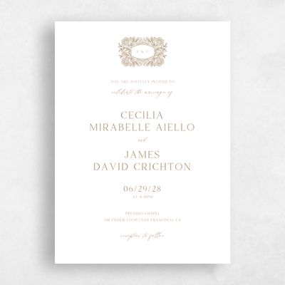 Metallic Bronze, Brown Wedding Invitation - Caleania Classic Letterpress