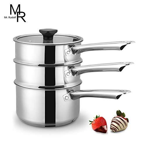 Double Boiler & Steam Pots for Melting Chocolate, Candle Making and more - Stainless Steel Steamer with Fashion Flat Glass Lid for Clear View while Cooking, Dishwasher & Oven Safe - 3 Qts & 4 Pieces