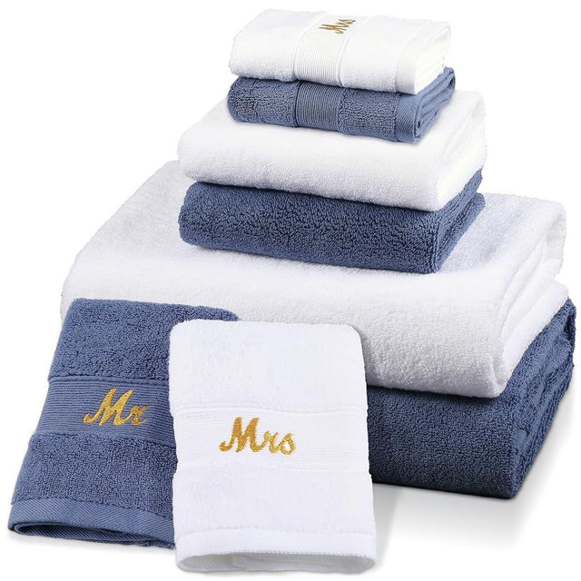 Peryiter 6 Pcs Bathroom Towel Set Honeymoon Gifts for Couples Bride Groom 100% Cotton Travel Towel Wedding Gift for Bridal Shower (Mr and Mrs,Blue and White)