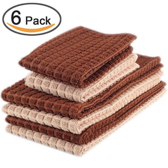 Kleanner 6 Packs Microfiber Kitchen Dish Cloth and Towel Set, Two Dish Cloth With Mesh Scour Side 12 x 12 Inch, Four Dish Towels 16 x 19 Inch, Absorbent and Fast Dry ( Dark and Light Brown Colors)