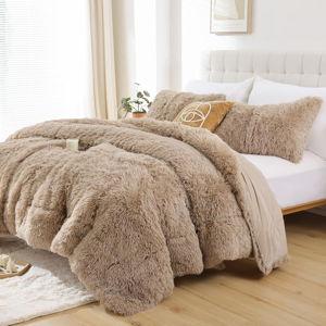 Queen Size - Khaki - Smoofy Faux Fur Taupe Comforter Set 3Pcs Fluffy Fuzzy Plush Comforter Set Cute Soft Shaggy Velvet Double-Sided Bedding Set (1 Faux Fur Comforter + 2 Pillowcases)