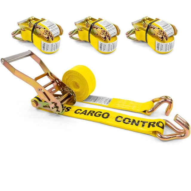US Cargo Control J Hook Ratchet Straps 2 Inch x 12 Foot (4-Pack), 10,000 LBS Break Strength, Heavy Duty Ratchet Straps with Double J Hooks, Tie Downs for Trucks and Trailers, Secure Equipment