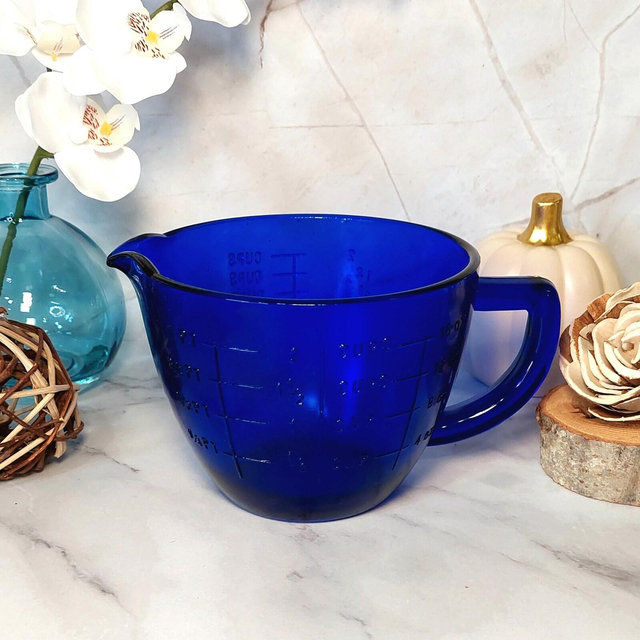Cobalt Blue Glass 2 Cup Measuring Cup & Mixing Bowl w/ Markers - Depression Style, Vintage, Cooking, Farmhouse, Kitchenware, Dish, Retro