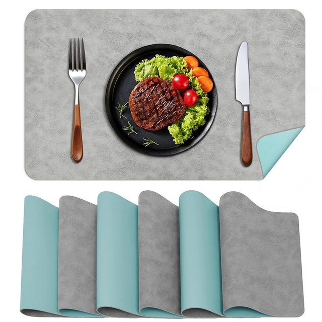 BLESWIN Faux Leather Placemats, PU Dining Table, Waterproof and Oil Resistant Easy to Clean, Heat Resistant Reversible Use Table Mats for Kitchen, Dining Table, Outdoor – 12 × 17 Inch, Light Grey&Blue