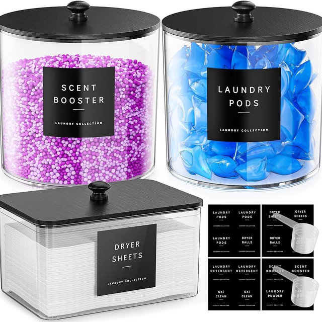 galasily 3 Pack Laundry Pods Container, Clear Laundry Room Organization Containers,Large Acrylic Detergent Powder Storage Containers Black Wooden Lids & Labels, Dryer Sheet Holder