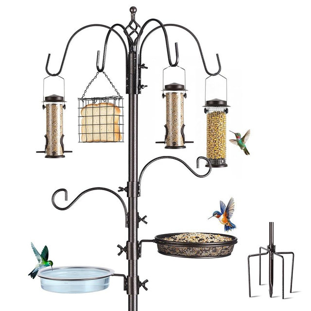 NestShld Bird Feeding Station Kit, 94 Inch Metal Birds Feeder Stand Pole with 6-Hook, Bird Bath and Mesh Tray, 5-Prong Base