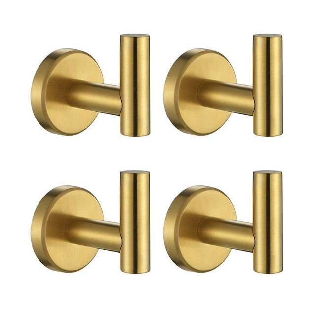 JQK Bathroom Towel Hook Brushed Gold, Brass Coat Robe Clothes Hook for Bathroom Kitchen Garage Wall Mounted (Pack of 4), SUS 304 Stainless Steel 0.8mm, TH100-BG-P4