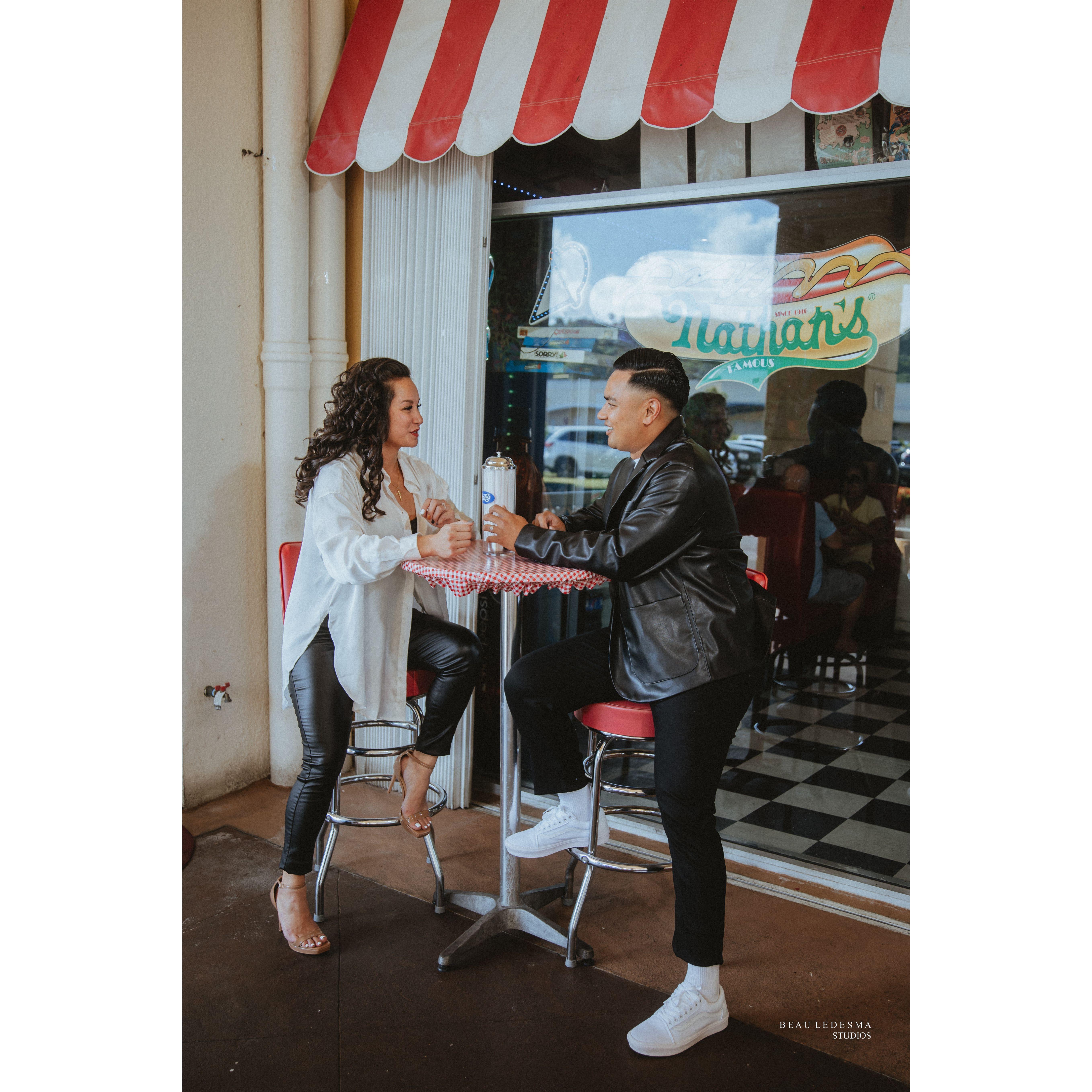 Our Engagement photo shoot. We wanted to be a bit different. So we went with the grease style photo shoot. Our awesome photographer chose Fizz & co. for our first stop of the photo session.