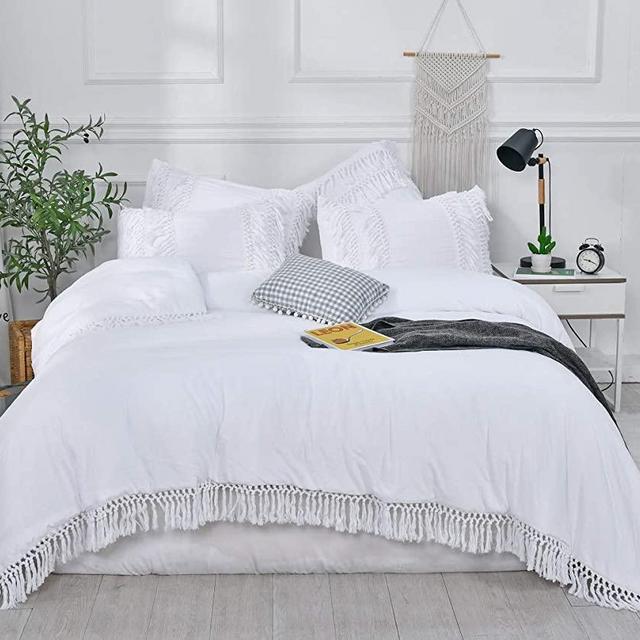 SexyTown- White Fringe Tassel King Size Comforter Set,3 Piece Girls Bohemian Bedding Comforter with Ultra Soft Microfiber Inner Fill Bedding