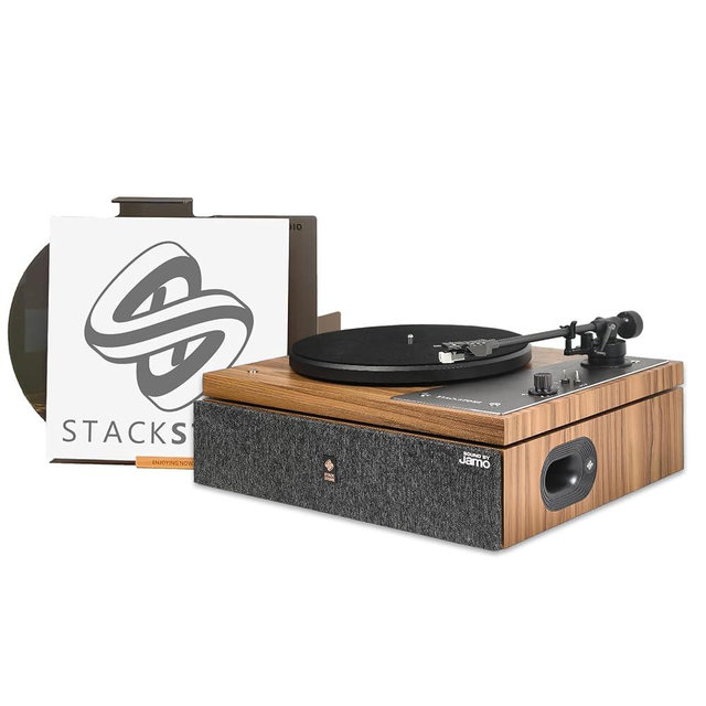 Stack Stone Hi-Fi Vinyl Record Player with Speakers, All in One Vintage Belt Drive Wooden Turntable for High Fidelity Sound by Jamo, Magnetic Cartridge, Ti Amplifiers, Bluetooth, Anti-Skate, Auto Off
