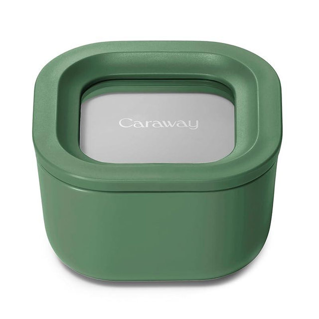Caraway Mini Square Food Storage Container - 1.75 Cup Glass Storage Container for Food - Non-Toxic Ceramic-Coated Glass - Air Release Technology - Compact & Stackable Design - Sage