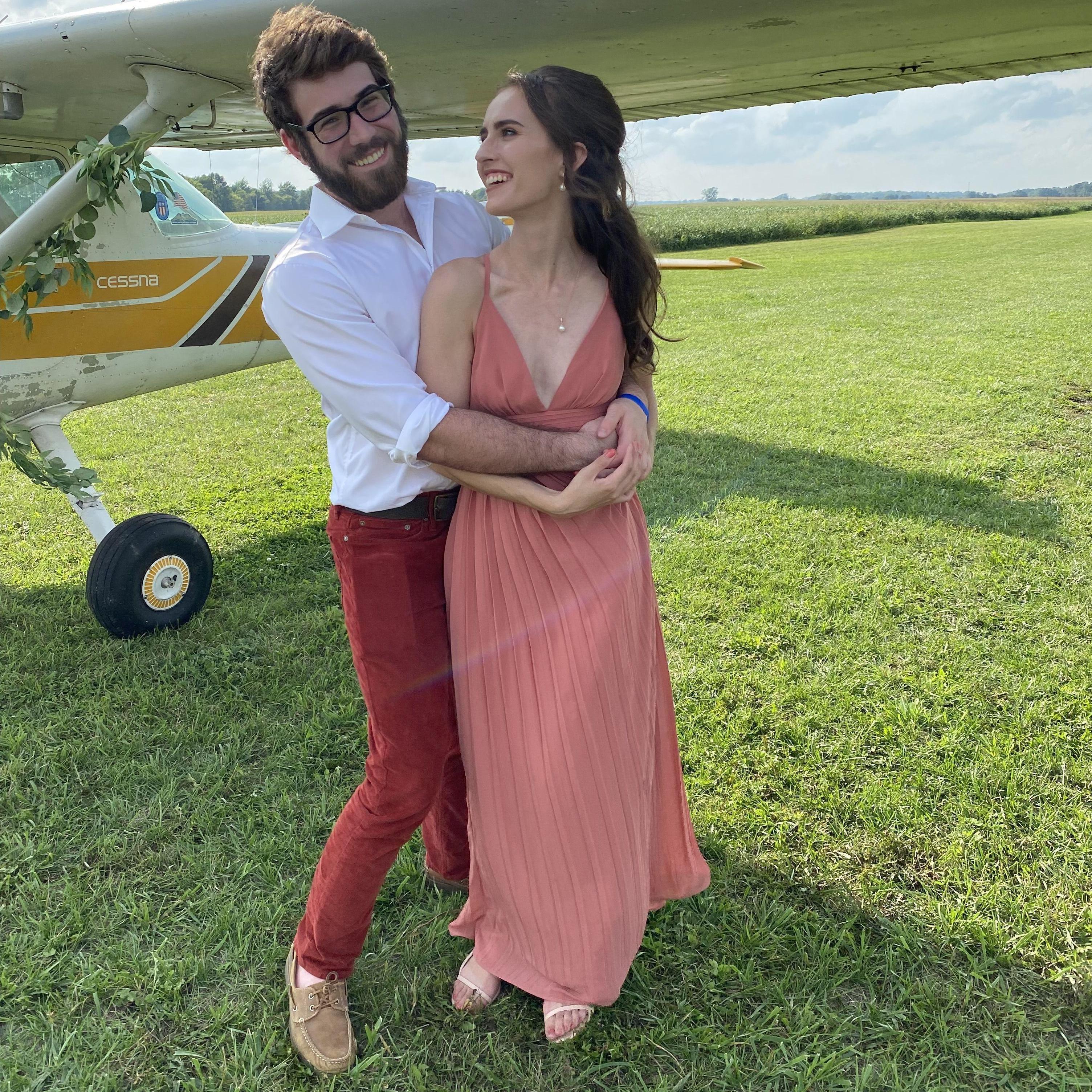 2020. Sarah and Christian at the Sniffen family's Free Fall Fields grass runway, celebrating her cousin and bridesmaid Morgan's wedding.