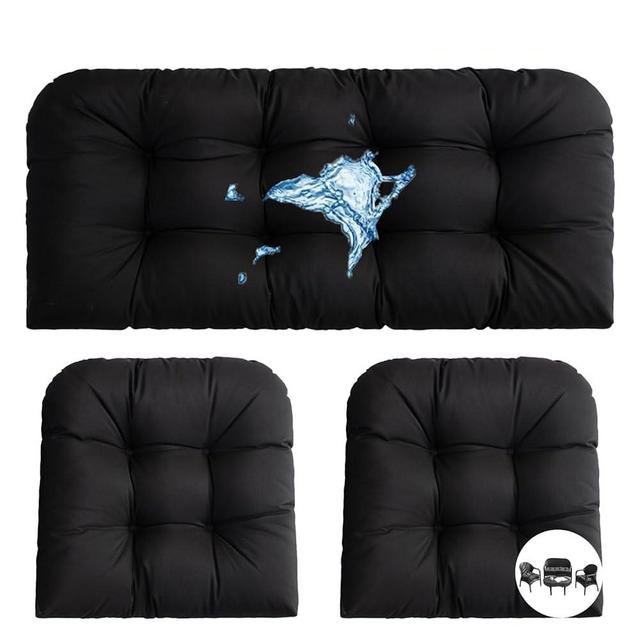 3 Piece Set of Wicker waterproof Chair Cushions Outdoor/Indoor Thickened and Durable Patio Chair Loveseat Cushion Sets & 1 Loveseat bench cushion 43”x20” & 2 U-Shape Chair Cushion 19”x19” & Black