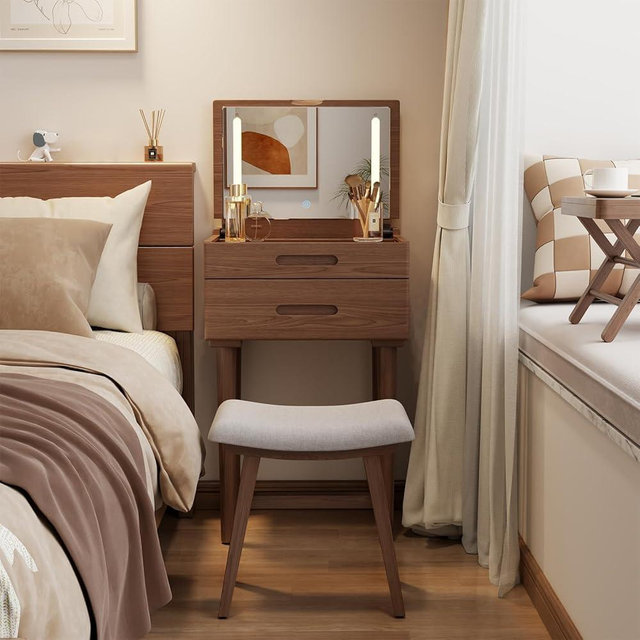 Muwuele Solid Wood Small Vanity Desk with Flip Top Mirror, Brightness Adjustable Lights, Compact Vanity with Glass Top and Drawers, Slim Dressing Table for Small Space, Bedroom, Living Room, Walnut