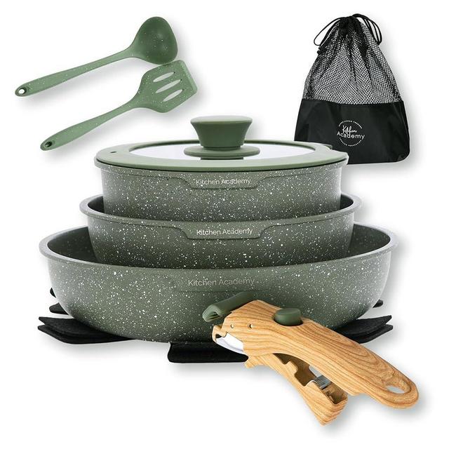 Kitchen Academy Detachable Handle Cookware Set - 10 Pieces Green Pots and Pans Set with Removable Handle, RV Induction Cookware Set for Camp