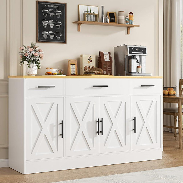 Vongrasig Buffet Cabinet with Drawers, 53” Large Sideboard Buffet Kitchen Storage Cabinet, Modern Farmhouse Coffee Bar with Shelves and Doors, Wood Buffet Table for Kitchen, Dining Room, White
