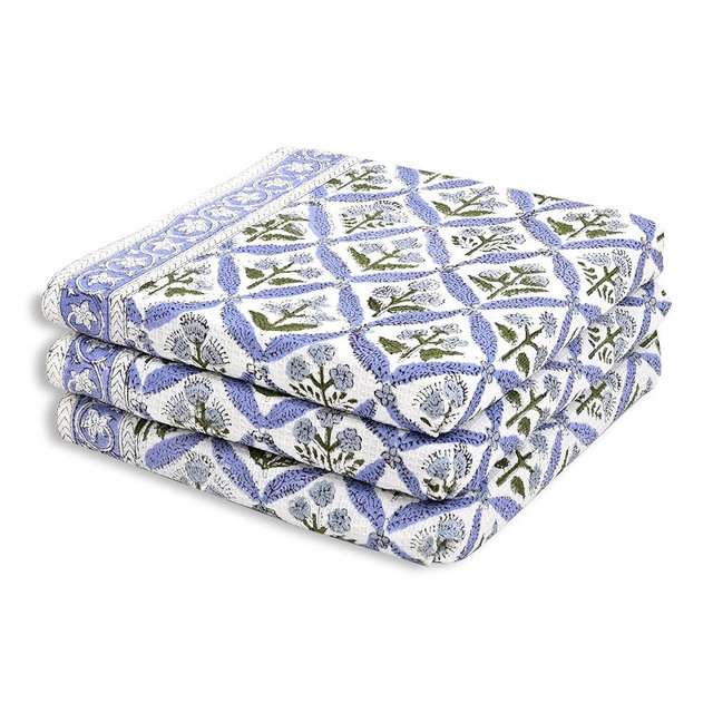 Ridhi Light Steel Blue Hand Block Print Waffle Kitchen Towel Set of 3-16 x28 Ultra Absorbent Quick Dry 100% Cotton Dish Towels Lightweight Reusable Sustainable Tea Towels for Cleaning and Drying