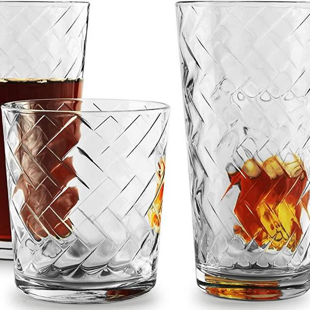 Circleware 40128 Chevron Huge 12-Piece Glassware Set of Highball Tumbler Drinking Glasses and Whiskey Cups for Water, Beer, Juice, Ice Tea Beverages, 6-15.75 oz & 6-12.5 oz, Clear