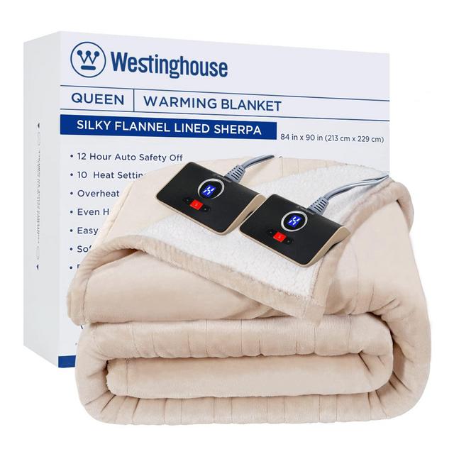 Westinghouse Heated Blanket, Electric Throw Blanket with 10 Heating Levels, 12 Hours Auto Off, Overheat Protection, Machine Washable, Flannel to Sherpa (Queen, 84x90 Inches, BeigeIvory)