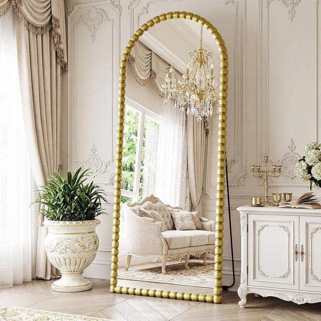 Vintage Full Length Mirror with Stand, 71x28 Inch Arched Beaded Full Body Mirrors, Large Floor Mirror Standing Mirror Full Length Wall Mounted Decor for Bedroom Living Room Cloakroom, PU Frame, Gold
