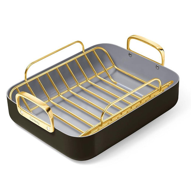 Caraway Roasting Pan - 16x13” Roasting Pan with Rack - Non-Stick Ceramic Coated - Non Toxic, PTFE & PFOA Free - Oven Safe & Compatible with All Stovetops - Black