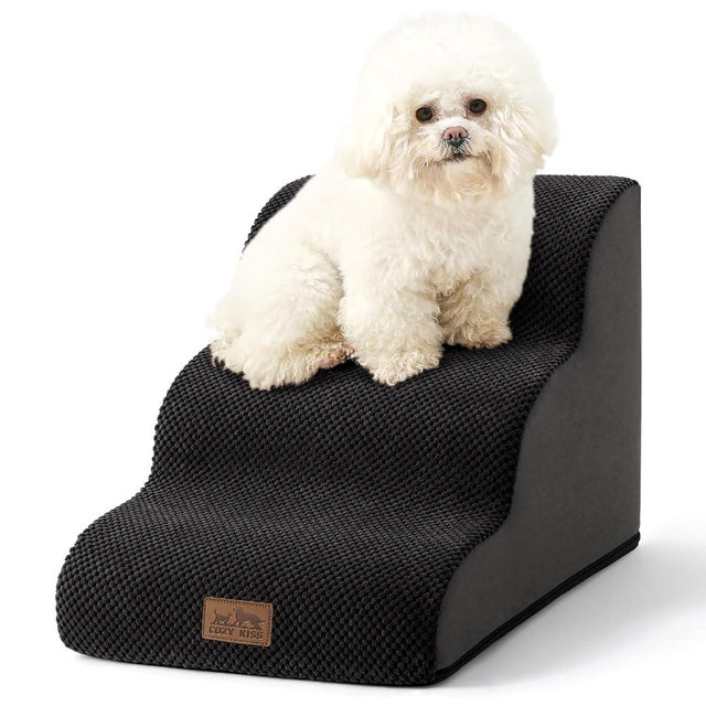COZY KISS Wide Dog Stairs for Small Dog 15.7" H, Pet Step for Puppy, Older Cat, Curved Ramp for Couch, Durable Anti-Slip Ladder with High Density Foam, 3 Step, 17.7x22.4x15.7 inch, Black