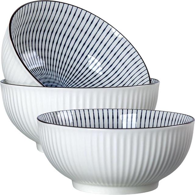 Zscera 60 oz Large Soup Bowls, 8 Inch Large Pho Bowls, Blue and White Ceramic Japanese Ramen Bowls Set of 3 - Striped Pattern