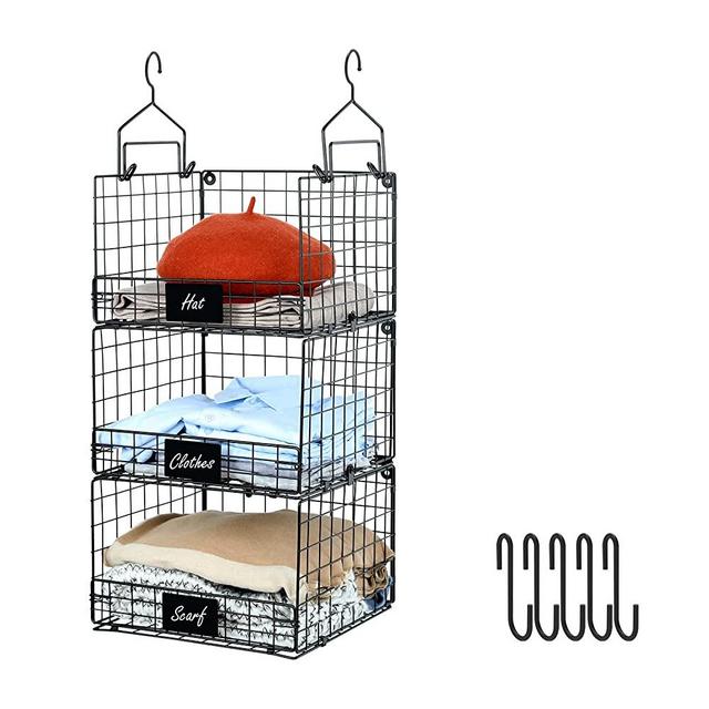 3 Tier Foldable Closet Hanging Organizer with Name Plate, Clothes Hanging Shelves with 5 S Hooks, Wall Mount&Cabinet Wire Storage Basket Bins, for Clothing Sweaters Shoes Handbags Clutches Accessories