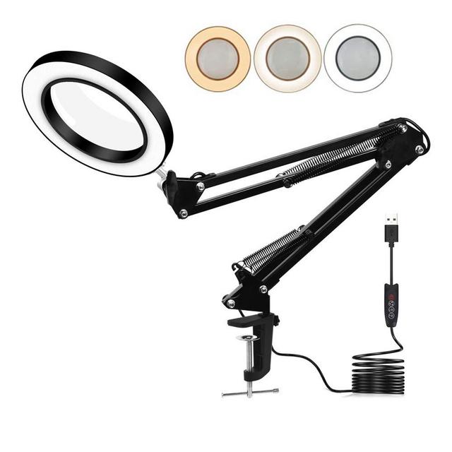 Toolour LED 5X Magnifying Glass Light Desk Lamp - 3 Light Colors Illuminated 10 Brightness Dimmable - USB Powered Magnifier Lighted Lens Adjustable Swivel Arm and Tabletop Clamp for Close Work Craft