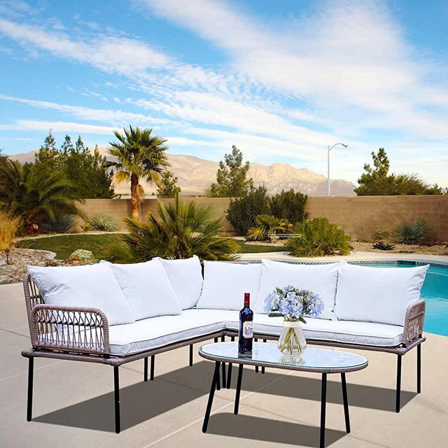 Homsido 4 Pieces Patio Sectional Furniture Chairs Set Boho Water-Resistant Outdoor Indoor Wicker Sectional Sofa Beige Woven PE Rattan Conversation Chat Set with Rect Side Table(White Cushions)