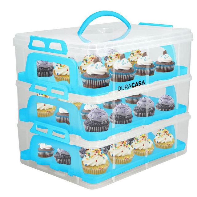 DuraCasa Cupcake Carrier, Cupcake Holder - Premium Upgraded Model - Store up to 36 Cupcakes or 3 Large Cakes - Stacking Cupcake Storage Container - Cookie, Muffin or Cake Carrier (Blue, Three Tier)