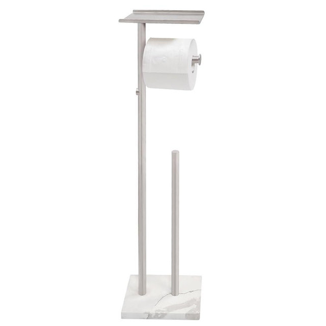 GZILA Toilet Paper Holder Stand with Shelf, Marble Base Heavy Free Standing Toilet Paper Double Roll Holders SUS304 Stainless Steel Brushed Nickel, Storages 4 Reserve Rolls Dispenser