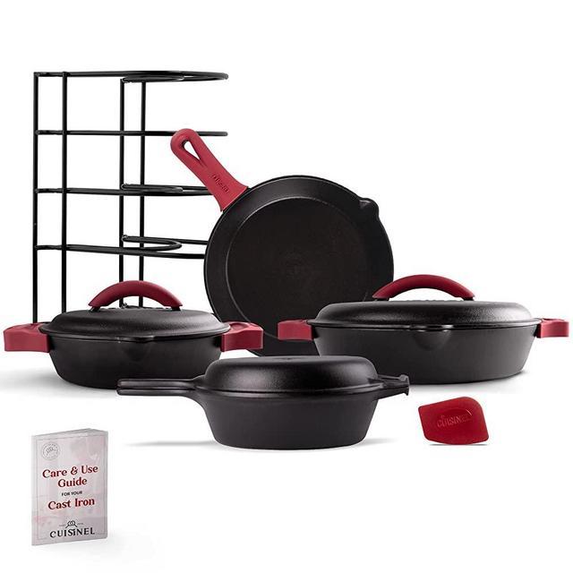 Cast Iron 16-Piece Pre-Seasoned Cookware Set - 8" + 12" Braiser Pans with Cast Iron Lids + 10" Skillet + 2-in-1 Multi-Cooker + 12" Organizer + Scraper + Silicone Handle Covers - Fire, Oven, Stove Safe
