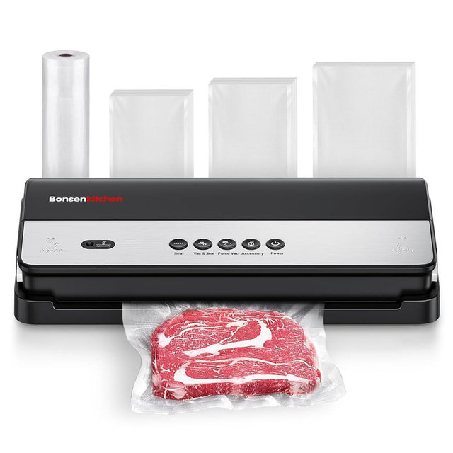 Bonsenkitchen Vacuum Sealer, Multi-Functional Food Sealer Machine with 1 Roll Bag+ 50 Bags, Bag Storage | Built-in Cutter, Black