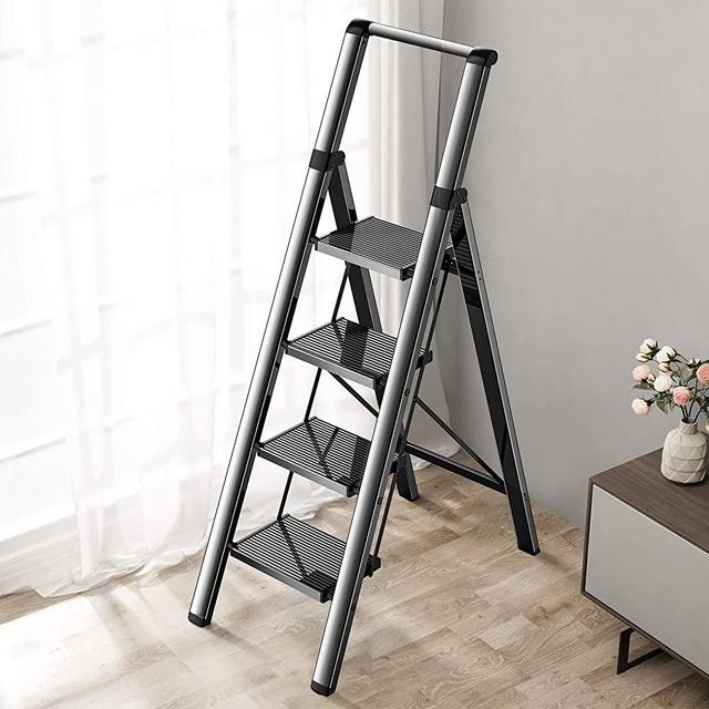 4 Steps Lightweight Aluminum Ladder Folding Step Stool Stepladders with Anti-Slip and Wide Pedal for Home and Kitchen Use Space Saving (Black)