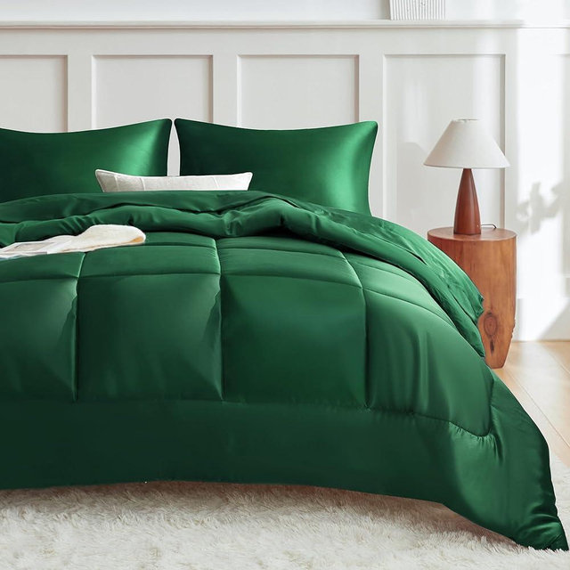 MR&HM Queen Comforter Set Dark Green, Reversible Satin Microfiber Comforter Set for All Seasons, 3 Pieces Non-Slip Silky Soft Bedding Sets with 1 Comforter (90"x90") and 2 Pillowcases (20"x26")