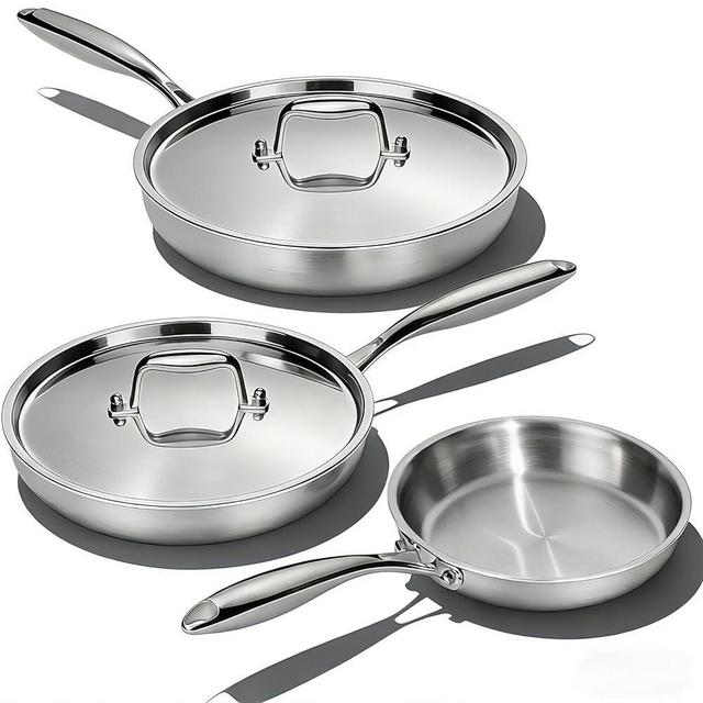 Umite Chef Stainless Steel Frying Pan Set with Lid, 3Pcs Skillet Set (Includes 8",10",12") - 5 Ply Stainless Clad - Heavy Duty & Professional Cookware Set, Fast & Even Heat, Dishwasher and Oven Safe