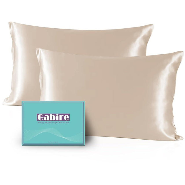 Gabire Mulberry Silk Pillowcases Set of 2, Both Sides Real Silk Pillow Covers for Hair and Skin Cool Pillowcase Organic Silk Pillowcase 2 Pack with Hidden Zipper, Champagne, King (20"×36")