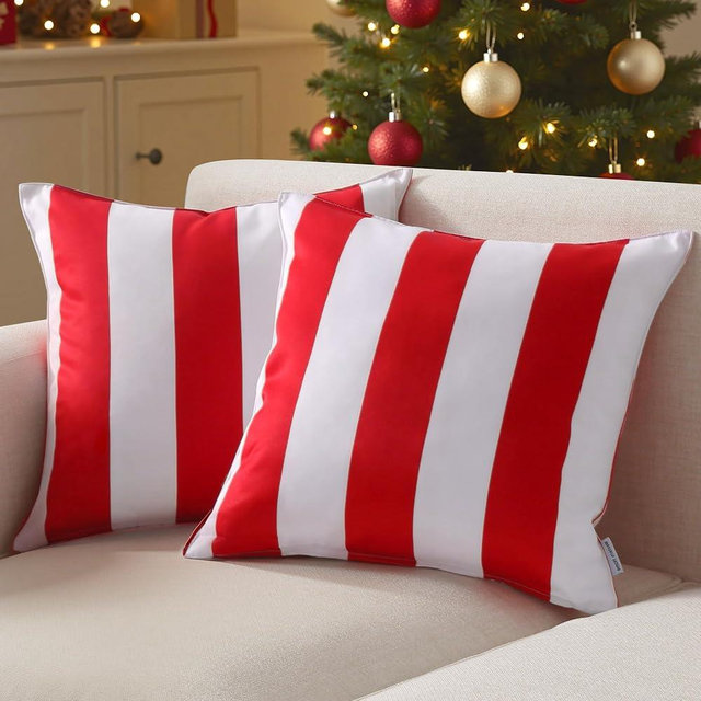 Western Home Pack of 2 Christmas Decorative Outdoor Solid Waterproof Striped Throw Pillow Covers Polyester Linen Garden Farmhouse Cushion Cases for Patio Tent Balcony Couch Sofa 18x18 inch Red